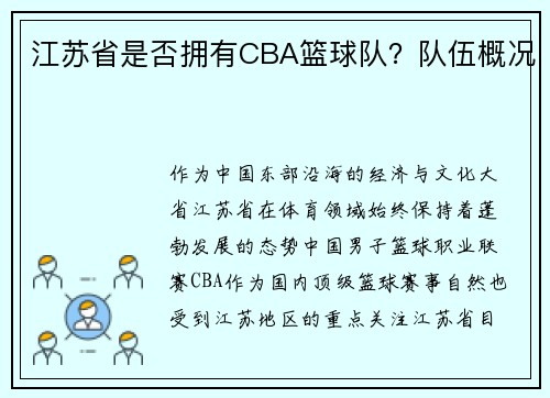 江苏省是否拥有CBA篮球队？队伍概况